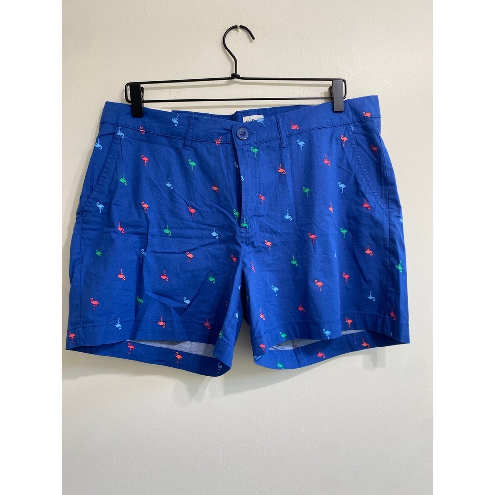 Tropical Summer dā-sh Women 14 Blue Flamingo Print Cotton Chino Shorts Vacation
